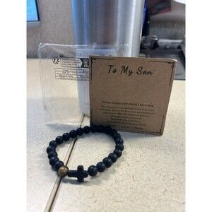 To My Son Black Beaded Cross Bracelet Natural Stone Tiger Eye Gift Note New